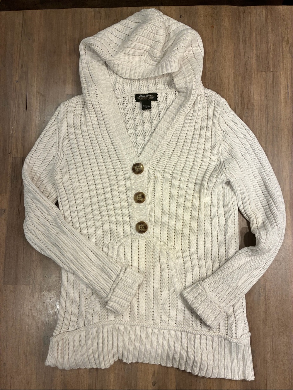 Eddie Bauer Cream Hooded Ribbed Knit Button Sweater